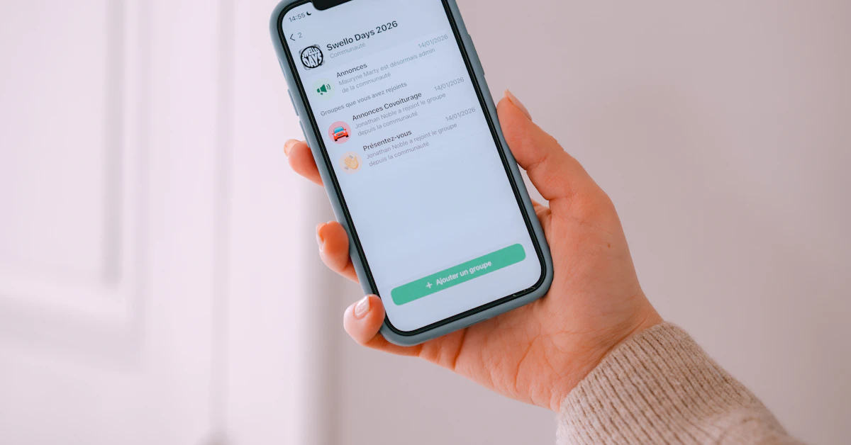 A hand holding a phone showing a conversation in a messaging app, with a green reply button at the bottom of the screen.