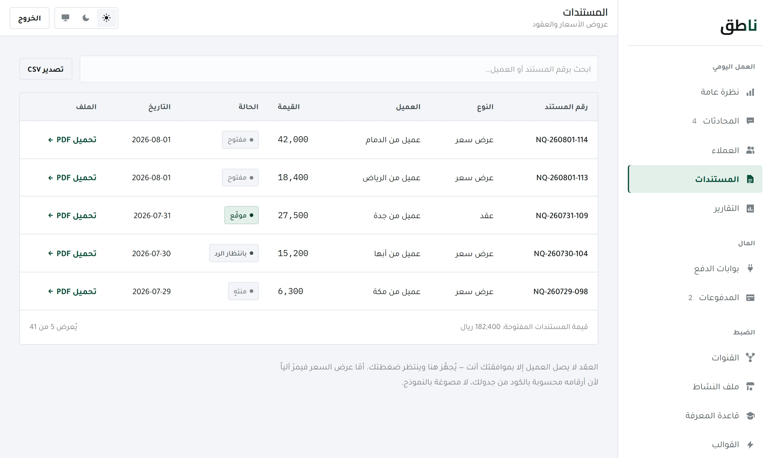 شاشة المستندات في لوحة ناطق: عروض أسعار وعقود بأرقامها وحالاتها — مسوّدة ومعتمَدة ومُرسَلة.