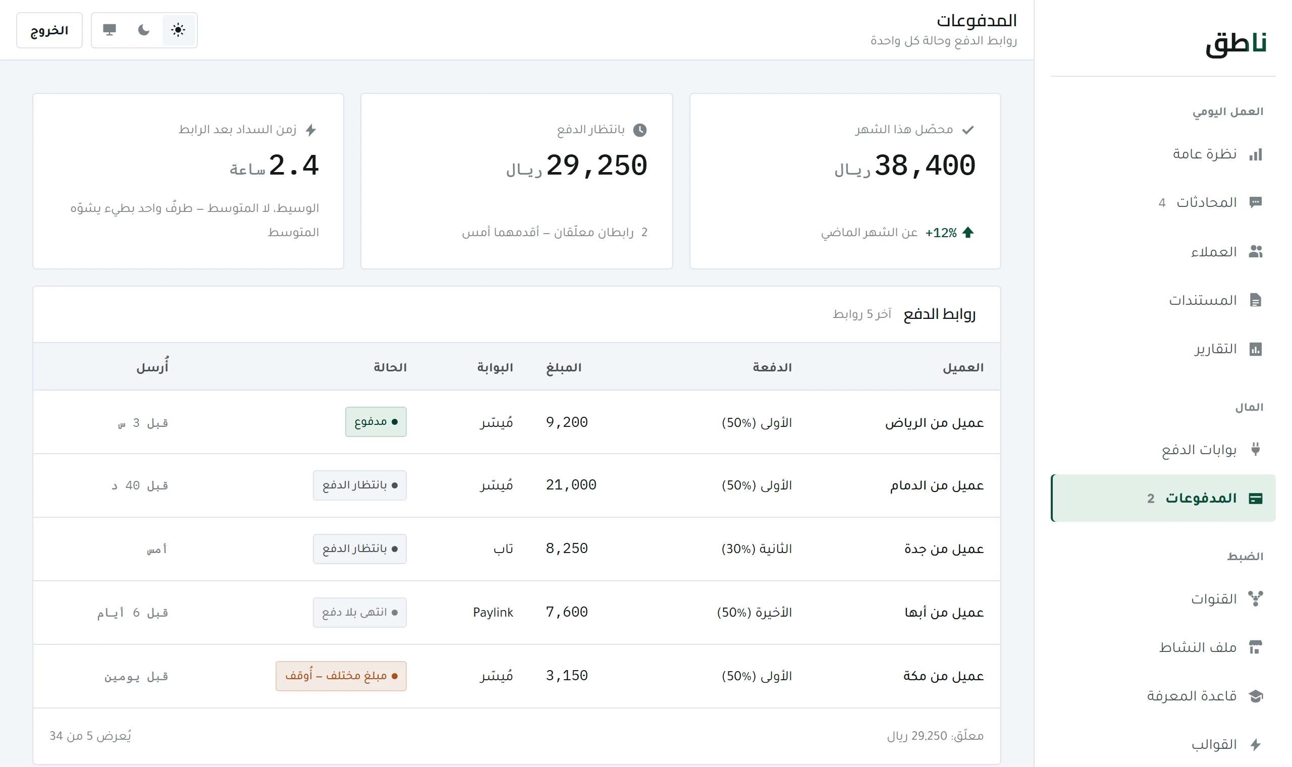 شاشة المدفوعات في لوحة ناطق: سلّم الدفعات، وروابط دفعٍ بحالاتها — مدفوع ومعلّق ومنتهي الصلاحية.